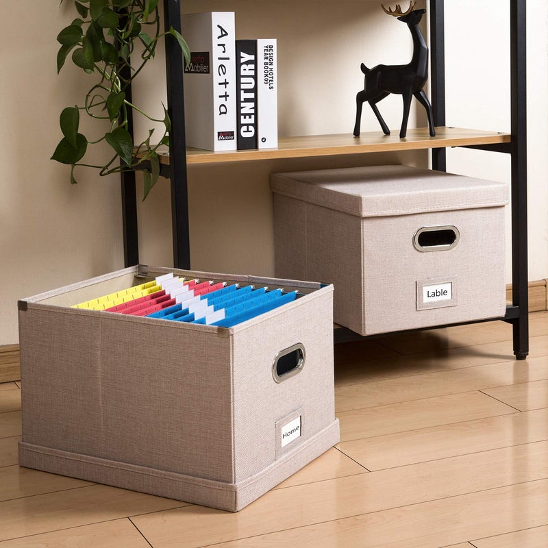 PRANDOM File Organizer Box - Set of 1 Collapsible Decorative Linen Filing Storage Hanging File Folders with Lids Office Cabinet Letter/Legal Size Light Grey (17x14x11.2 inch) - Image 3